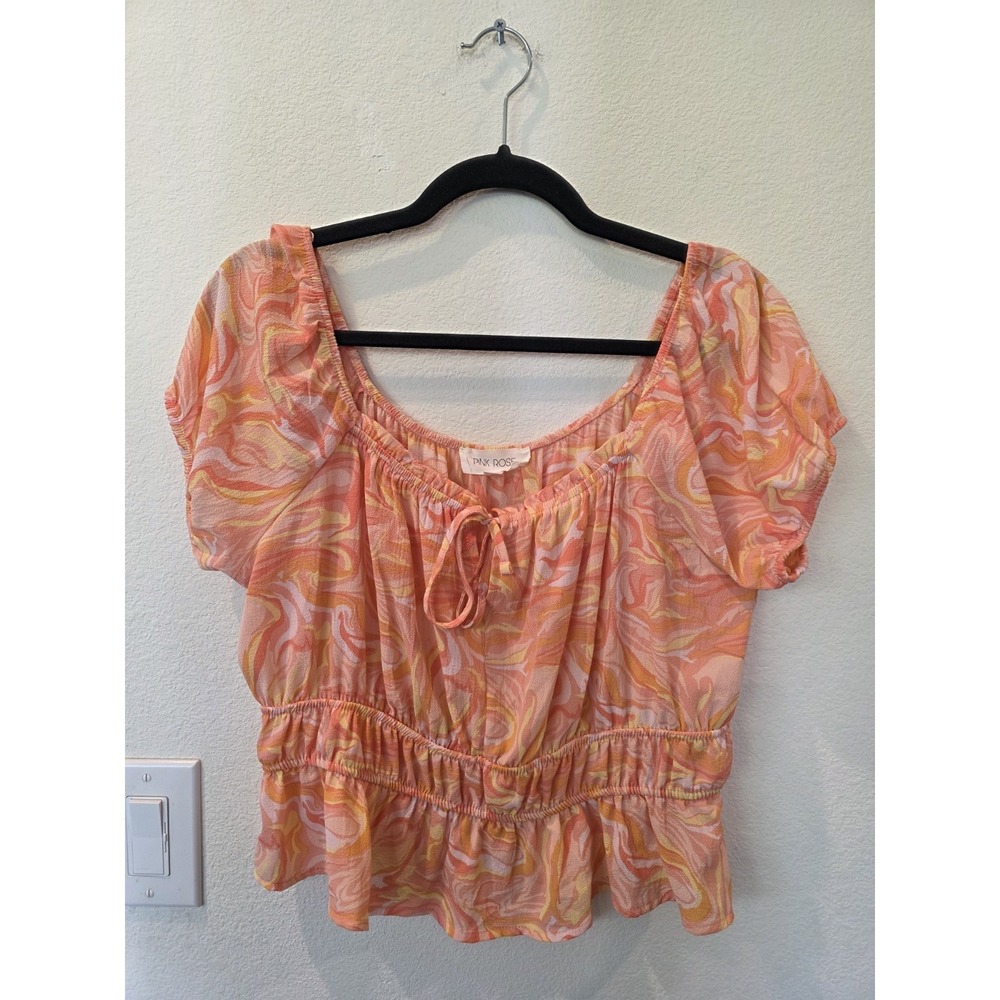 Pink Rose BabyDoll Boho Blouse Sz L Pink‎ Orange Swirl Blouse Tie Front Coquette
